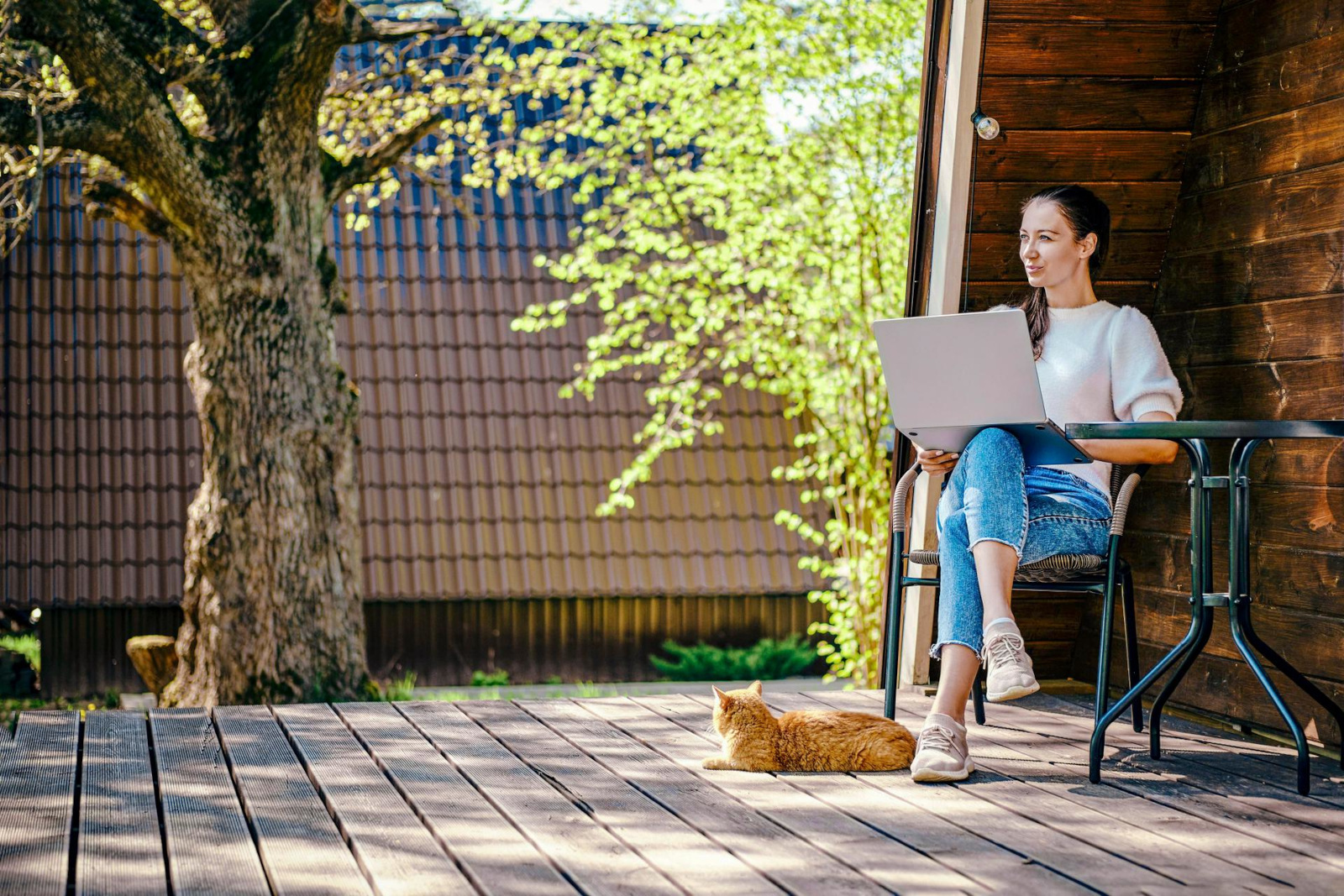 Frau mit Laptop sitzt mit Katze im Garten